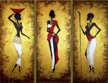 monochrome black white Painting - black women with gold powder in triptych African